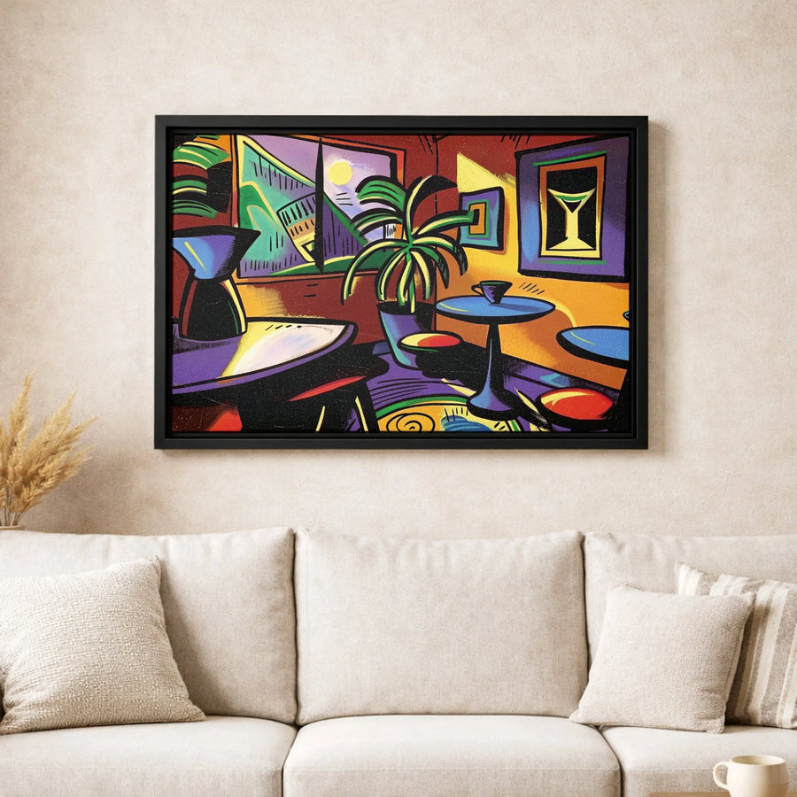 Abstract Cafe Interior Canvas Print | Modern Cubist Martini Bar Wall Art | Premium Gallery-Wrapped Decor | Vibrant Gift for Coffee Lovers