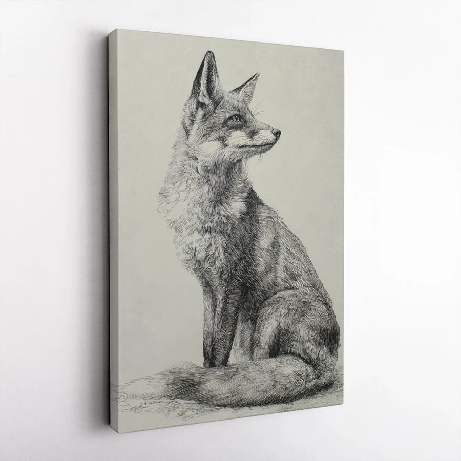 Seated Fox Canvas Wall Art | Detailed Woodland Animal Sketch | Premium Gallery Wrapped Print | Rustic Nature Home Decor Gift