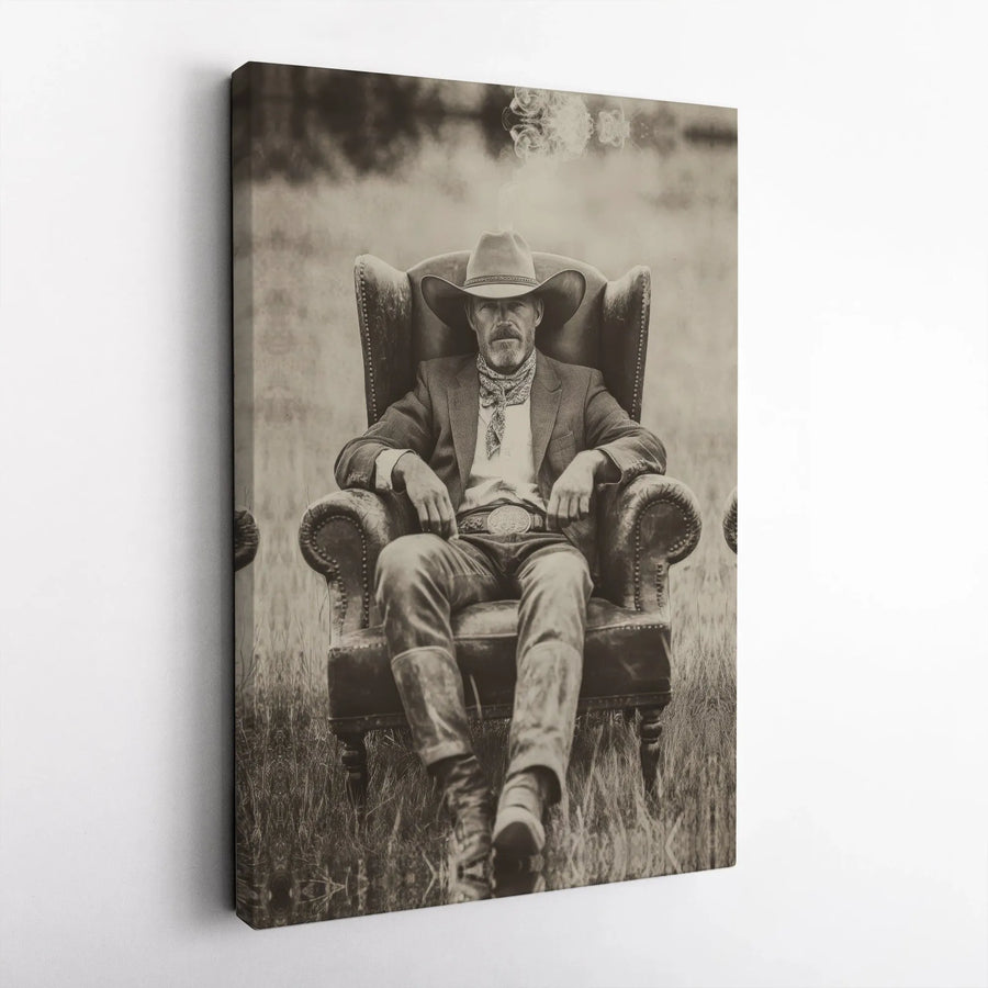 Cowboy Wall Art Canvas | Vintage Smoking Western Portrait | Gallery Quality 1.25 Inch Wrap | Rustic Home Decor & Office Gift