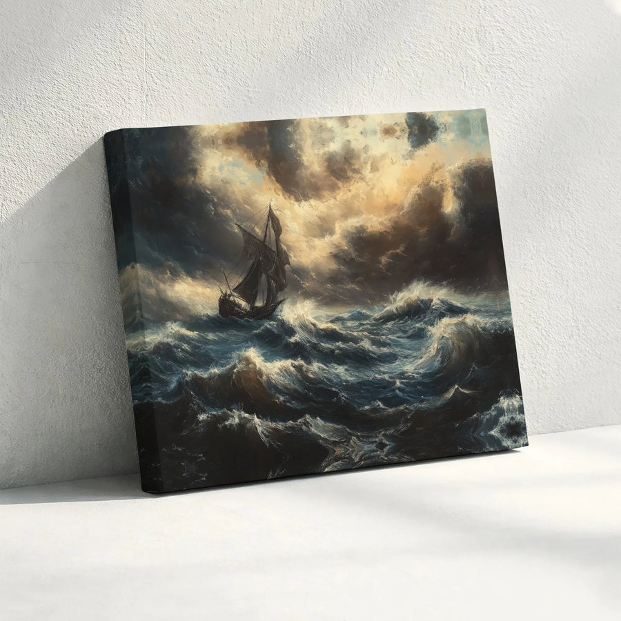 Stormy Sea Ship Canvas Wall Art | Dramatic Nautical Ocean Painting | Gallery Quality 1.25 Inch Wrap | Premium Home Decor Gift for Sailboat Lovers