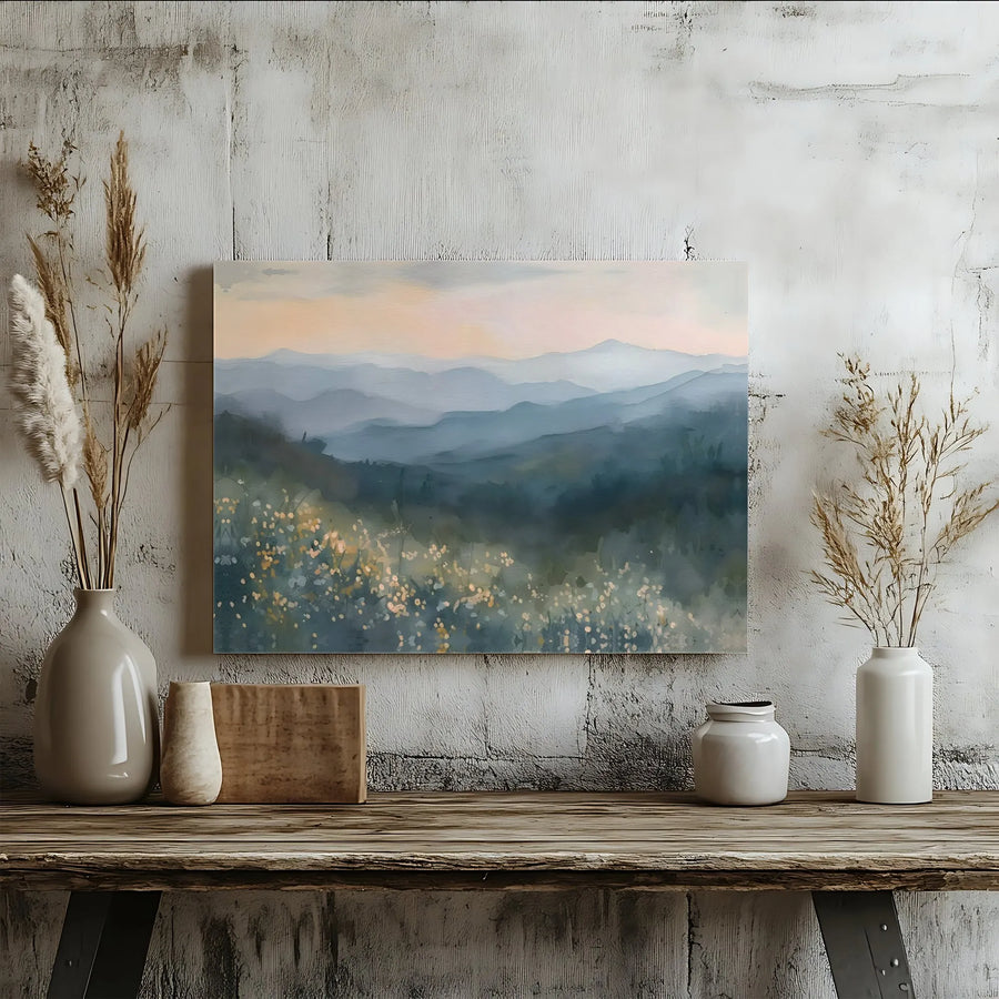 Misty Mountain Canvas Wall Art | Watercolor Wildflower Landscape | Premium Gallery Wrap Print | Modern Living Room Decor Gift