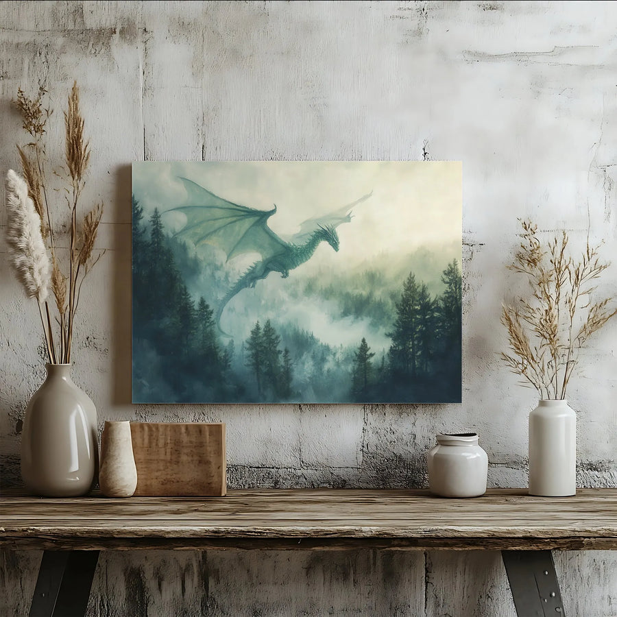 Dragon Wall Art Canvas | Misty Pine Forest Fantasy Print | 1.25 Inch Gallery Wrap | Epic Fantasy Decor for Living Room Bedroom