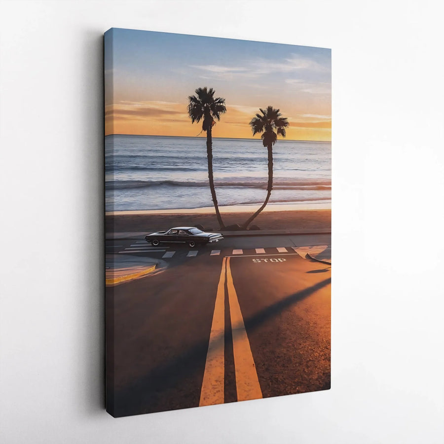 Coastal Highway Canvas Art | Classic Car Sunset Landscape | Gallery-Wrapped Premium Decor | California Dream Aesthetic Gift