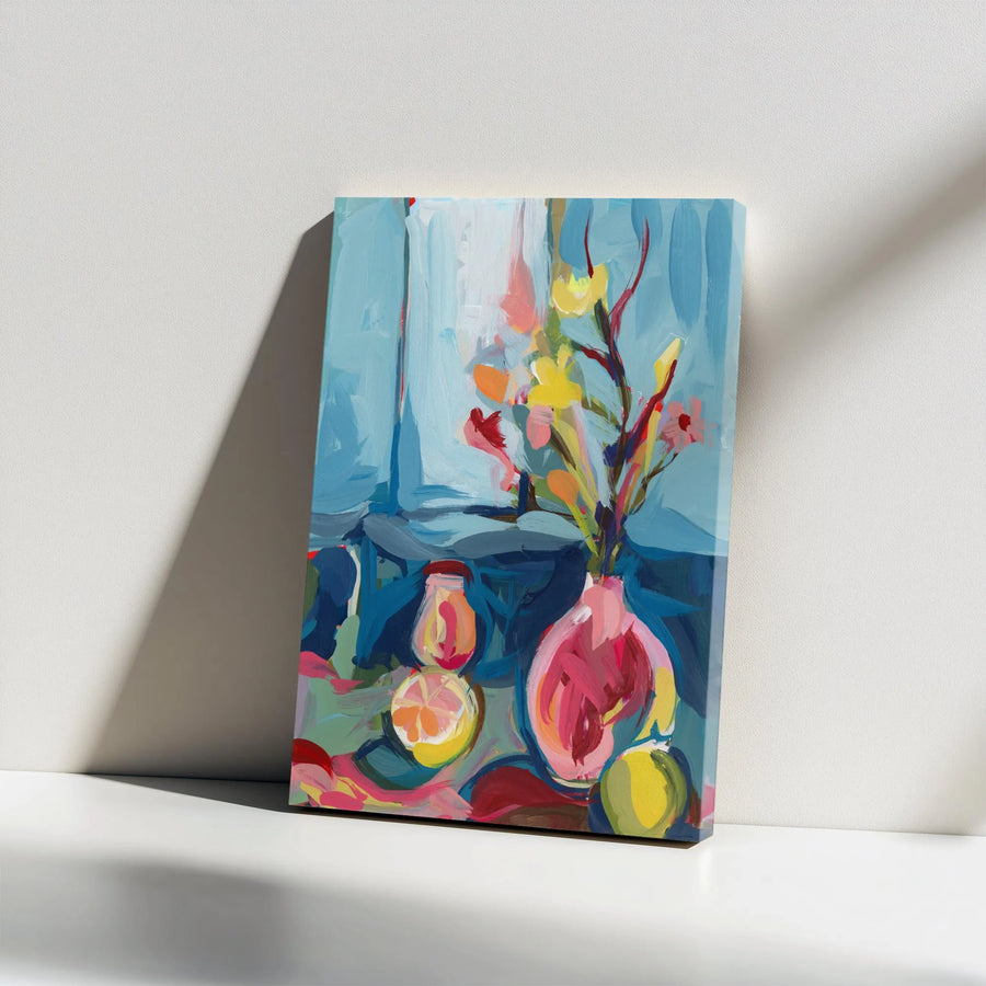 Abstract Still Life Vertical Canvas | Vibrant Floral and Fruit Painting | Premium 1.25" Thick Gallery Wrap | Modern Living Room Wall Art Gift