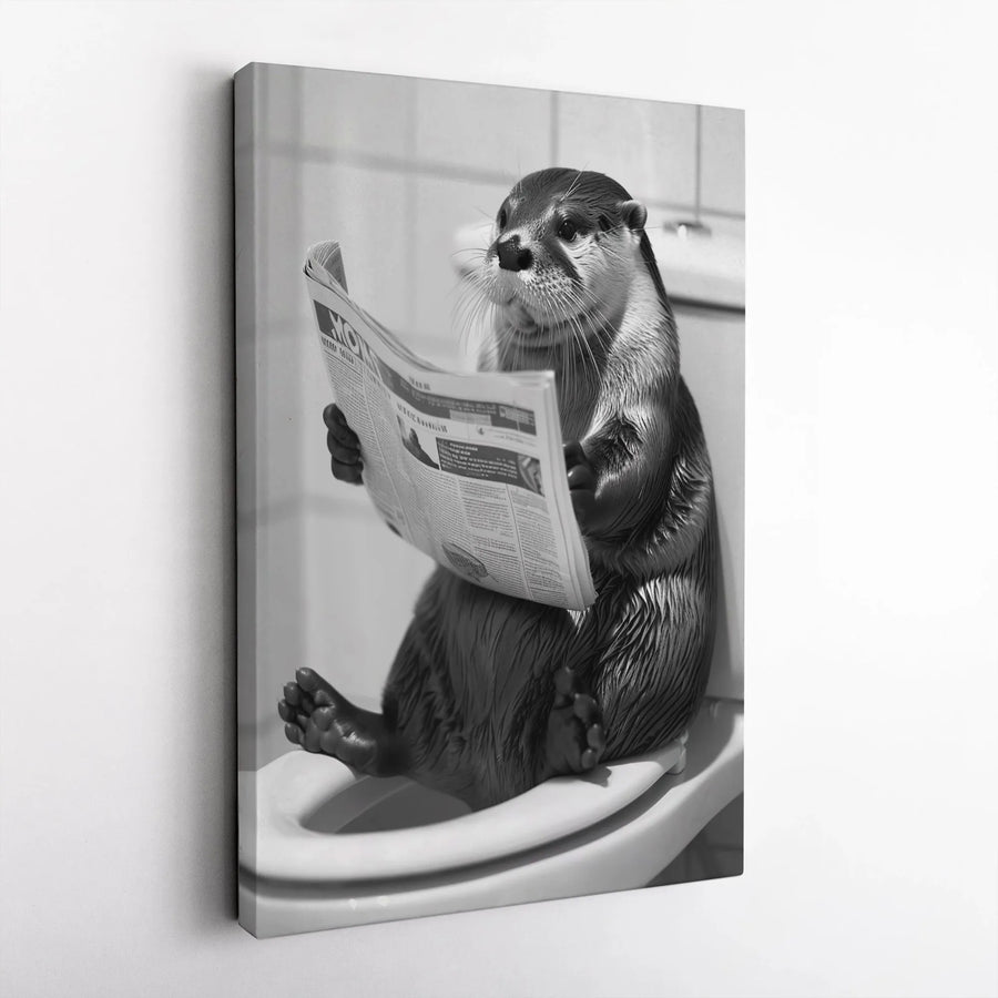 Funny Otter Reading Newspaper On Toilet Canvas | Quirky Bathroom Wall Art | Premium Fade-Resistant Gallery Wrap | Unique Home Decor Gift