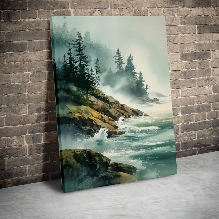 Misty Coastal Wall Art | Watercolor Ocean Landscape with Pine Forest | Premium Gallery Wrapped Canvas | Living Room Decor Gift