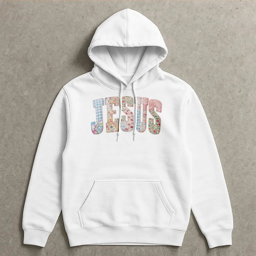 Jesus Hoodie | Floral Gingham Patchwork Letters | Premium Soft Cotton | Christian Faith Gift for Women