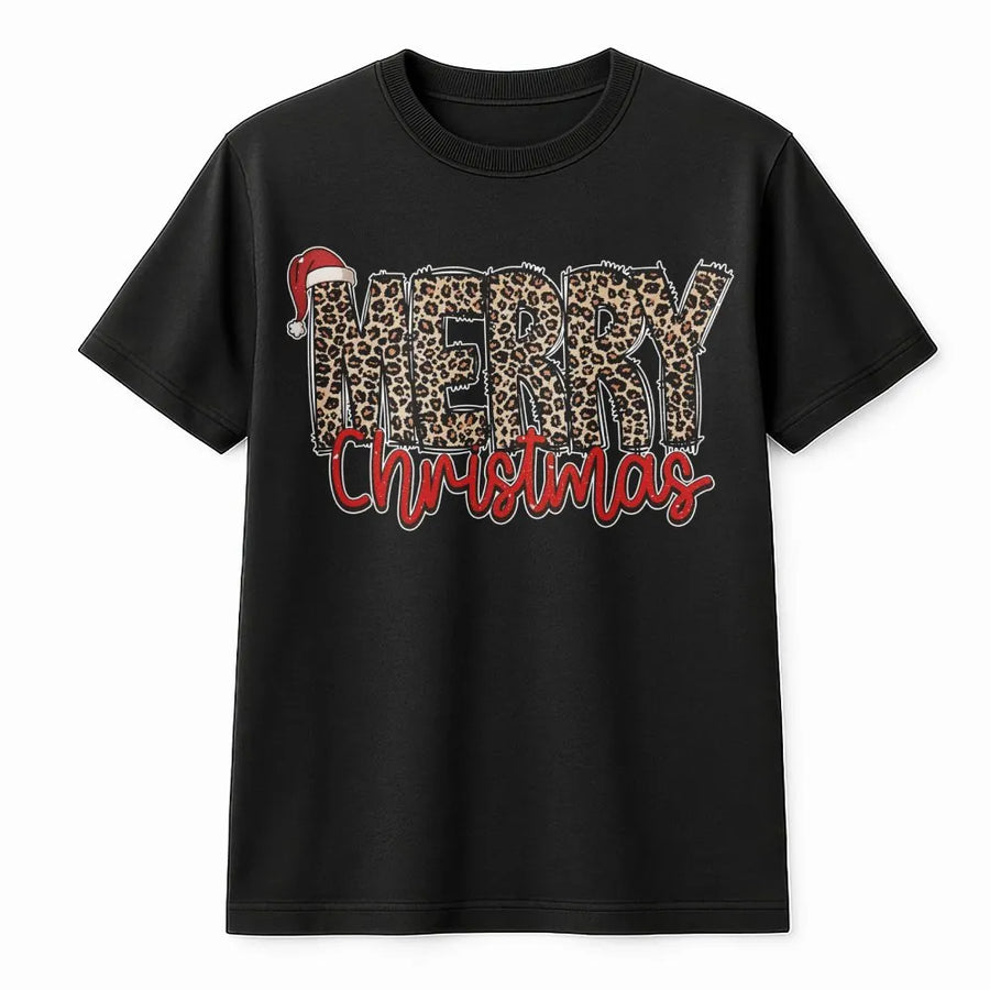 Merry Christmas T-Shirt | Leopard Print Santa Hat Graphic | Premium Soft Cotton Holiday Tee | Festive Gift for Her
