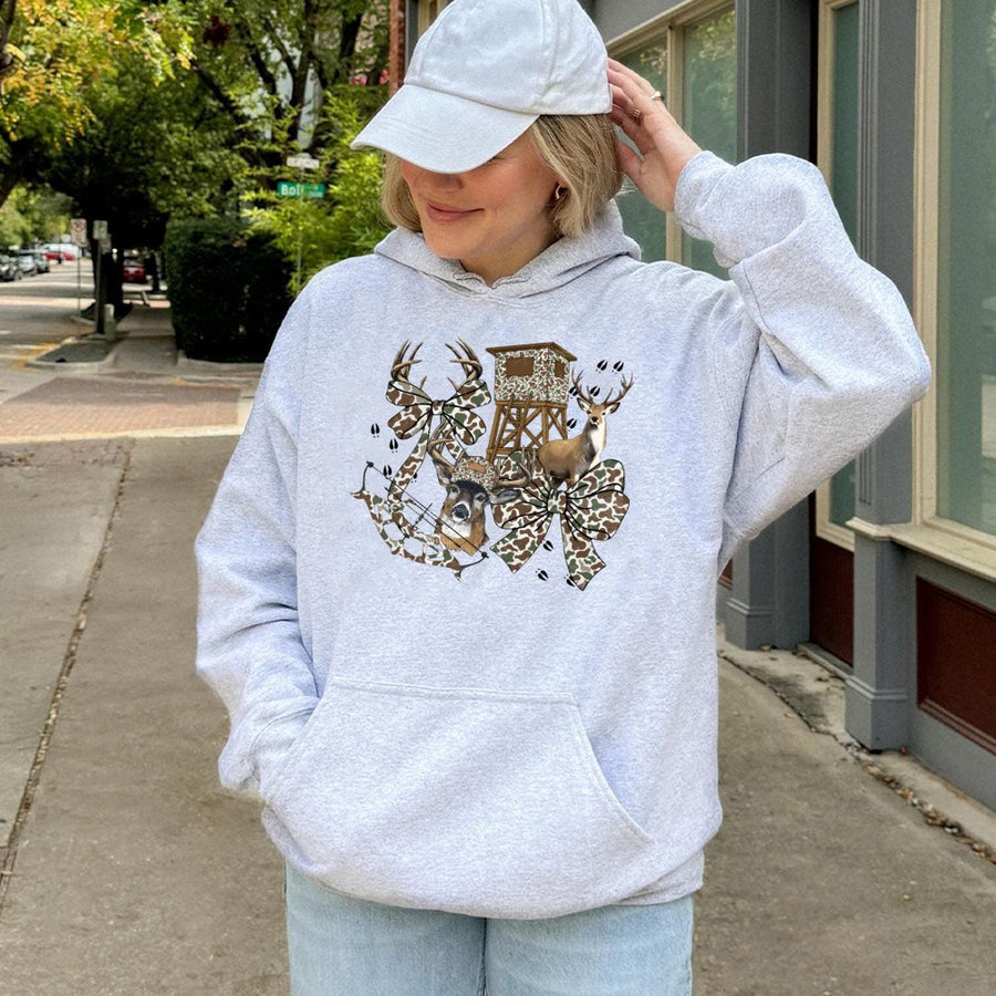 Hunting Season Hoodie | Camo Deer and Bow Coquette Bow Graphic | Premium Cotton Blend | Gift for Hunter Women and Men