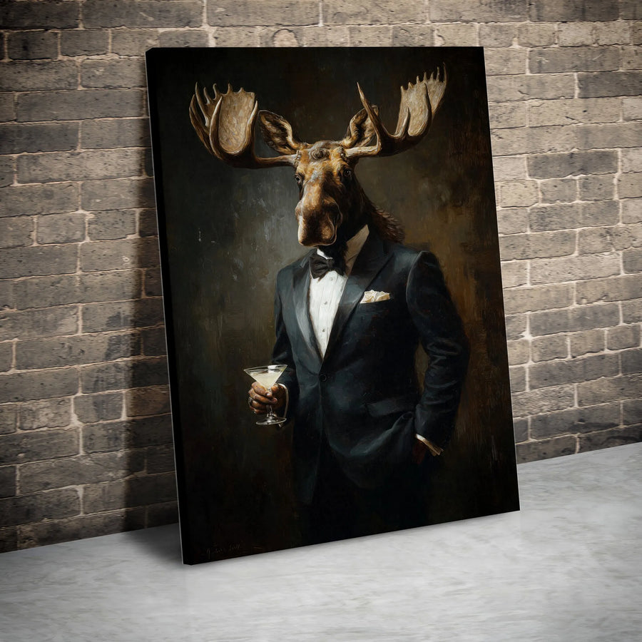 Dapper Moose in Tuxedo Canvas Wall Art | Victorian Animal Portrait Painting | Premium Gallery Wrap | Unique Bar & Man Cave Decor Gift