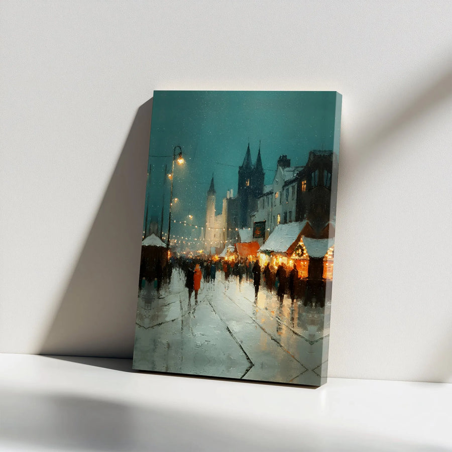 Snowy Christmas Market Canvas Wall Art | Impressionist Winter Street Scene | Premium Gallery Wrap Print | Festive Holiday Home Decor