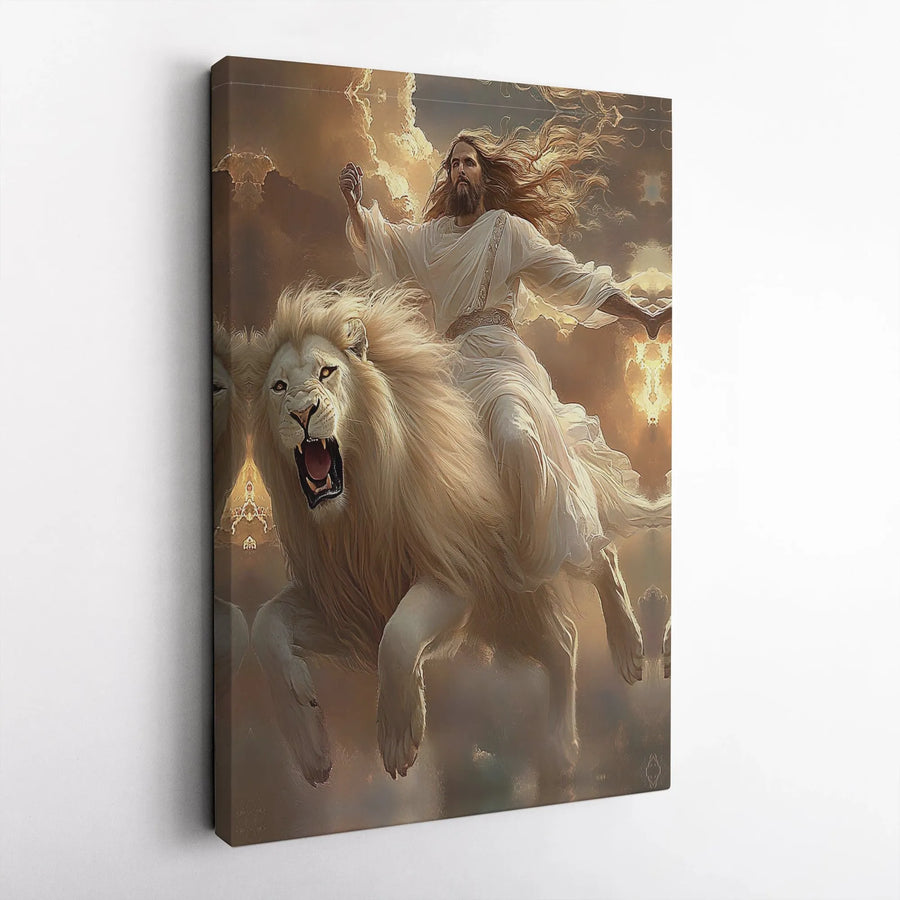 Jesus Riding Lion of Judah Canvas | Christian Wall Art Print | Premium Fade-Resistant Gallery Wrap | Religious Home Decor Gift for Believers