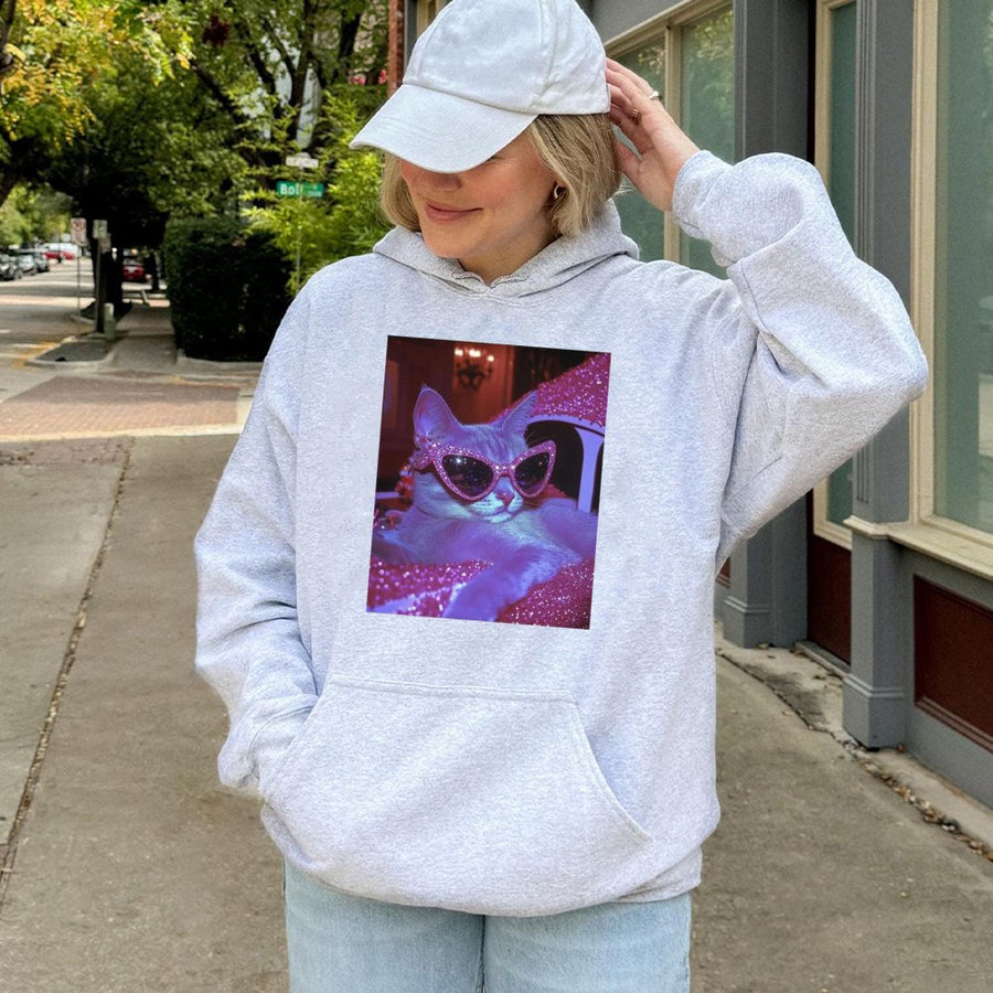 Cool Cat Graphic Hoodie | Trendy Retro Pink Sunglasses Kitten Design | Premium Soft Cotton Blend | Unique Gift for Cat Lovers & Streetwear Fans