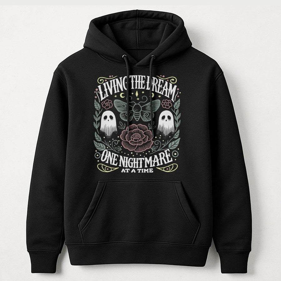 Living The Dream Hoodie | Spooky Ghost Moth Graphic | Cotton-Blend Comfort | Aesthetic Gothic Gift For Her
