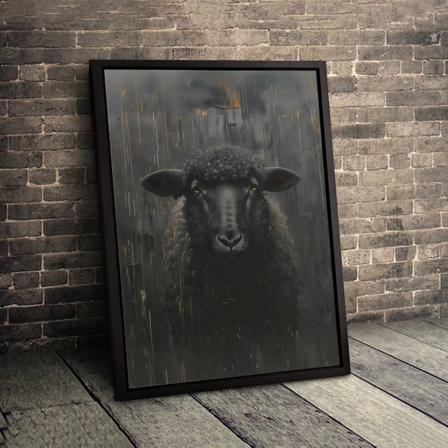 Black Sheep Wall Art | Abstract Animal Portrait with Gold Accents | Gallery Wrapped Premium Canvas | Modern Farmhouse Home Decor Gift