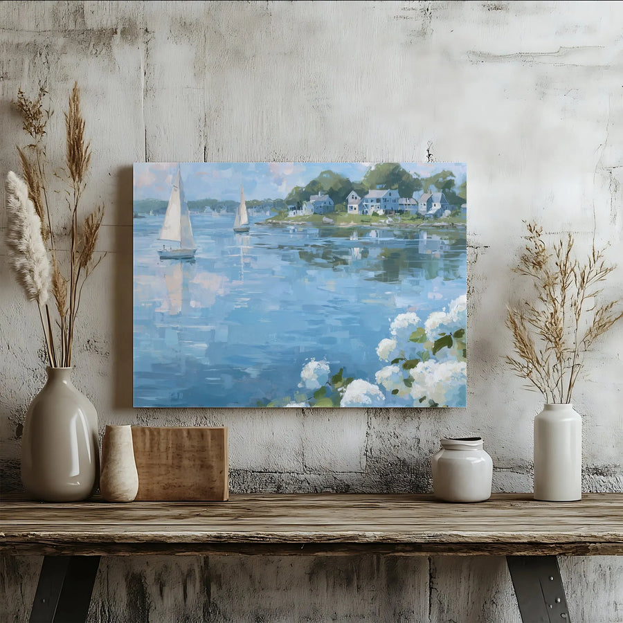 Coastal Sailboat Canvas Wall Art | Impressionist Seascape with Hydrangeas | Premium Gallery Wrap Decor | Ready to Hang Beach Home Gift