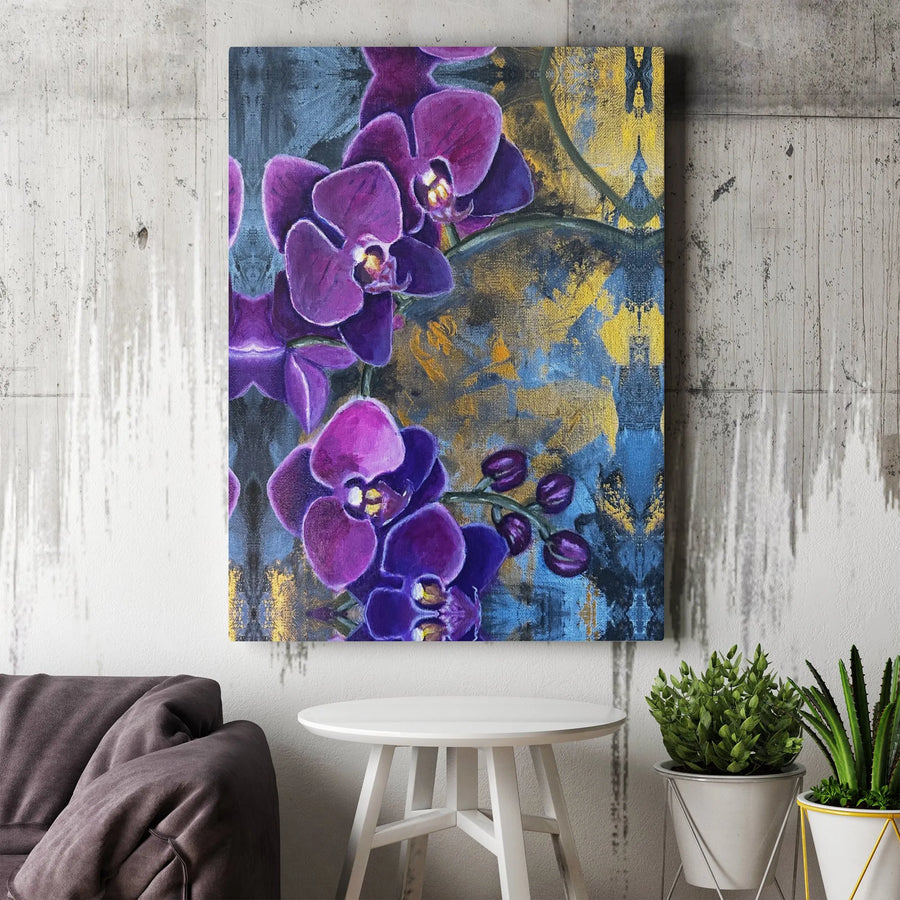 Purple Orchid Canvas Wall Art | Abstract Blue and Gold Floral Print | Premium Gallery Wrapped Decor | Modern Botanical Home Gift