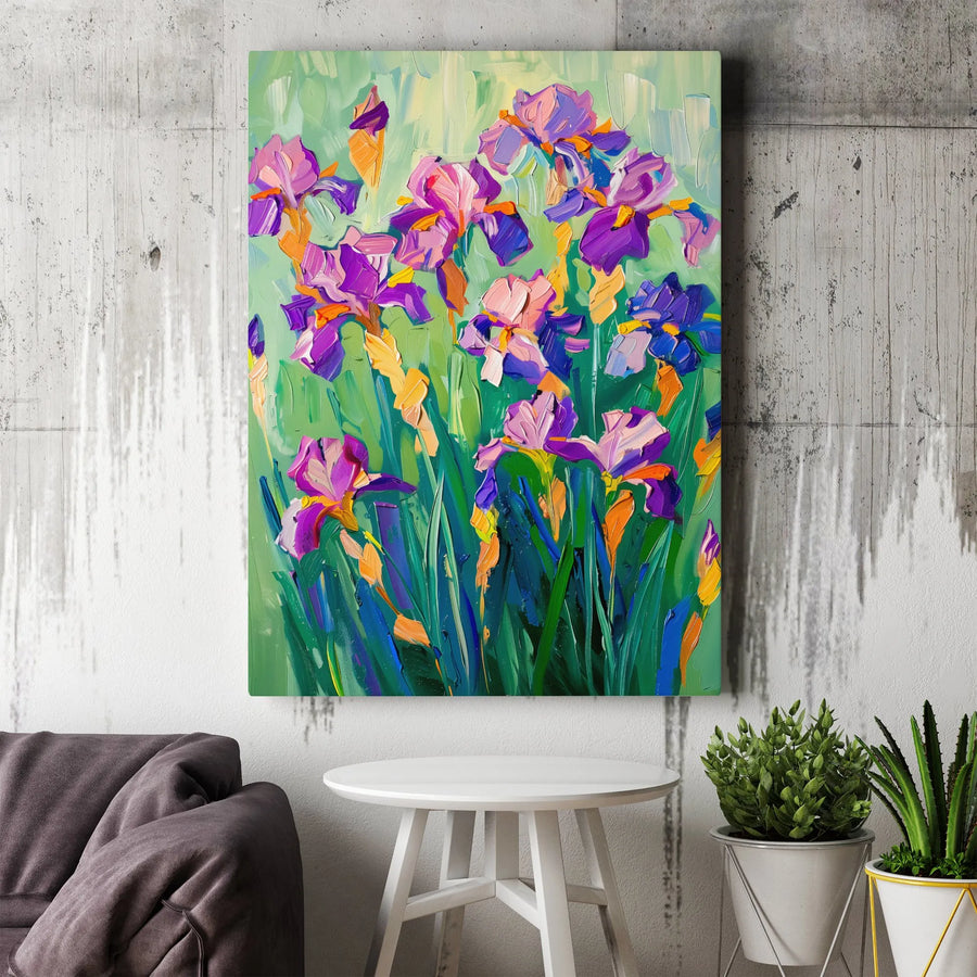 Purple Iris Impasto Canvas Print | Textured Floral Oil Painting Style | Premium Gallery Wrap 1.25" Profile | Modern Botanical Home Decor Gift