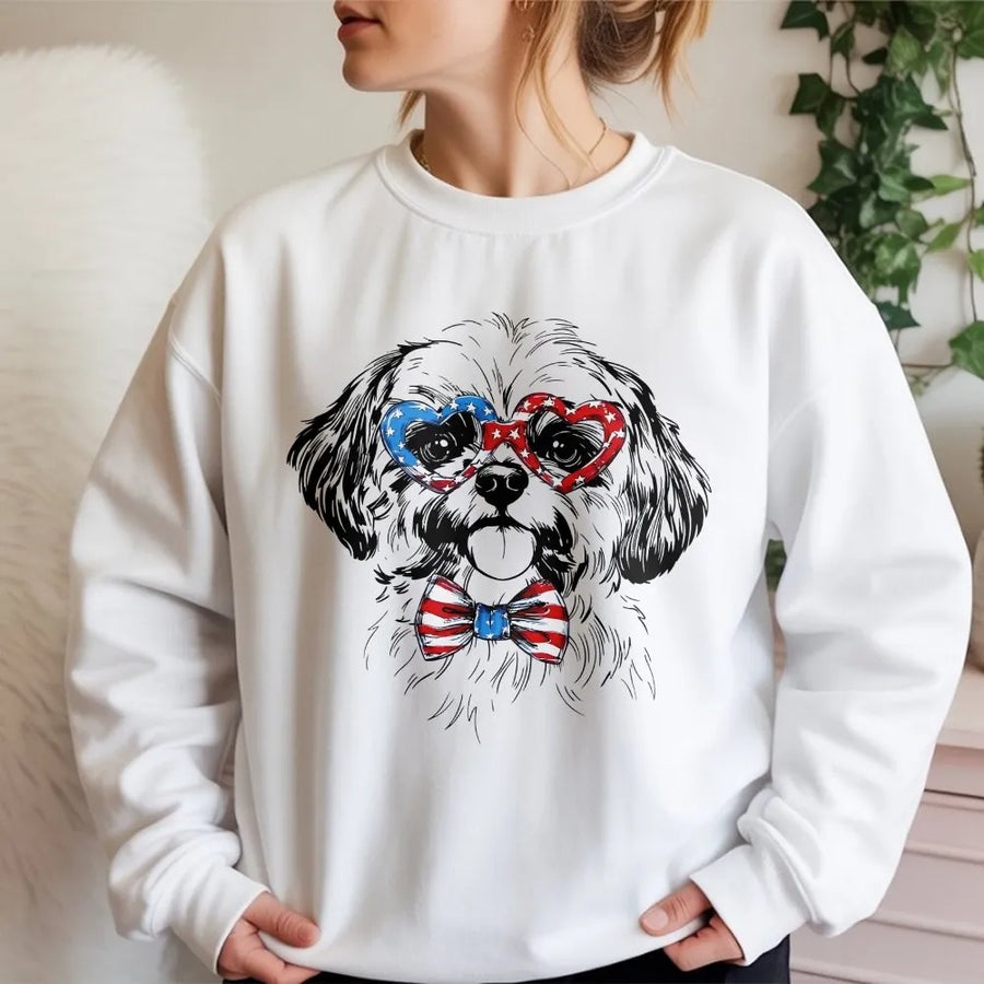 Patriotic Dog Sweatshirt | USA Flag Heart Glasses & Bow Tie Puppy | Soft Cotton Blend | 4th of July Gift for Dog Lover & 250th Anniversary
