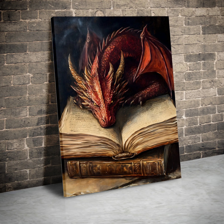 Red Dragon Canvas Art | Sleeping Fantasy Beast On Ancient Books | Premium Gallery Wrap Print | Magical Home Decor Gift For Book Lovers