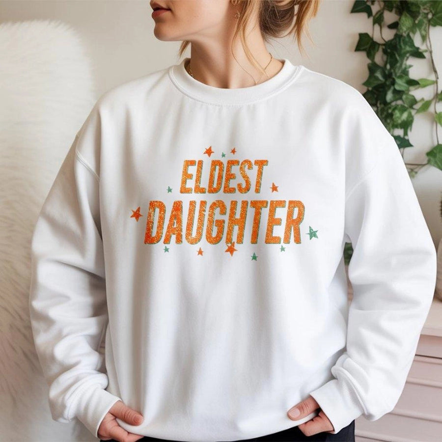 Eldest Daughter Sweatshirt | Trendy Starry Graphic Text Design | Premium Cotton Blend Crewneck | Funny Family Sibling Gift For Women