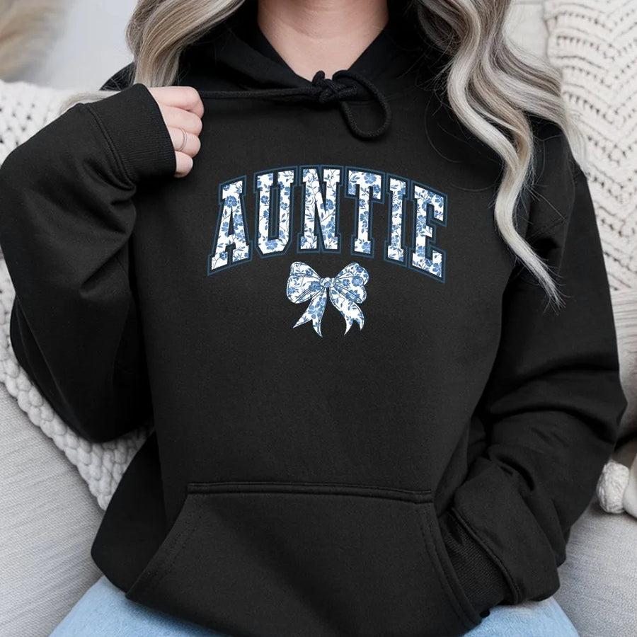 Auntie Hoodie | Blue Floral Collegiate Graphic with Bow | Premium Cotton Blend | Gift for New Aunt, Pregnancy Announcement
