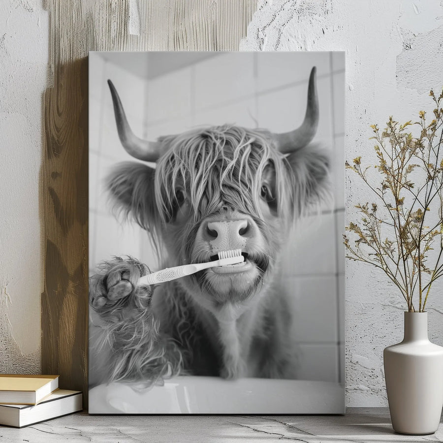 Highland Cow Bathroom Wall Art | Funny Brushing Teeth Canvas Print | Premium Gallery Wrapped Decor | Whimsical Farmhouse Bathroom Gift