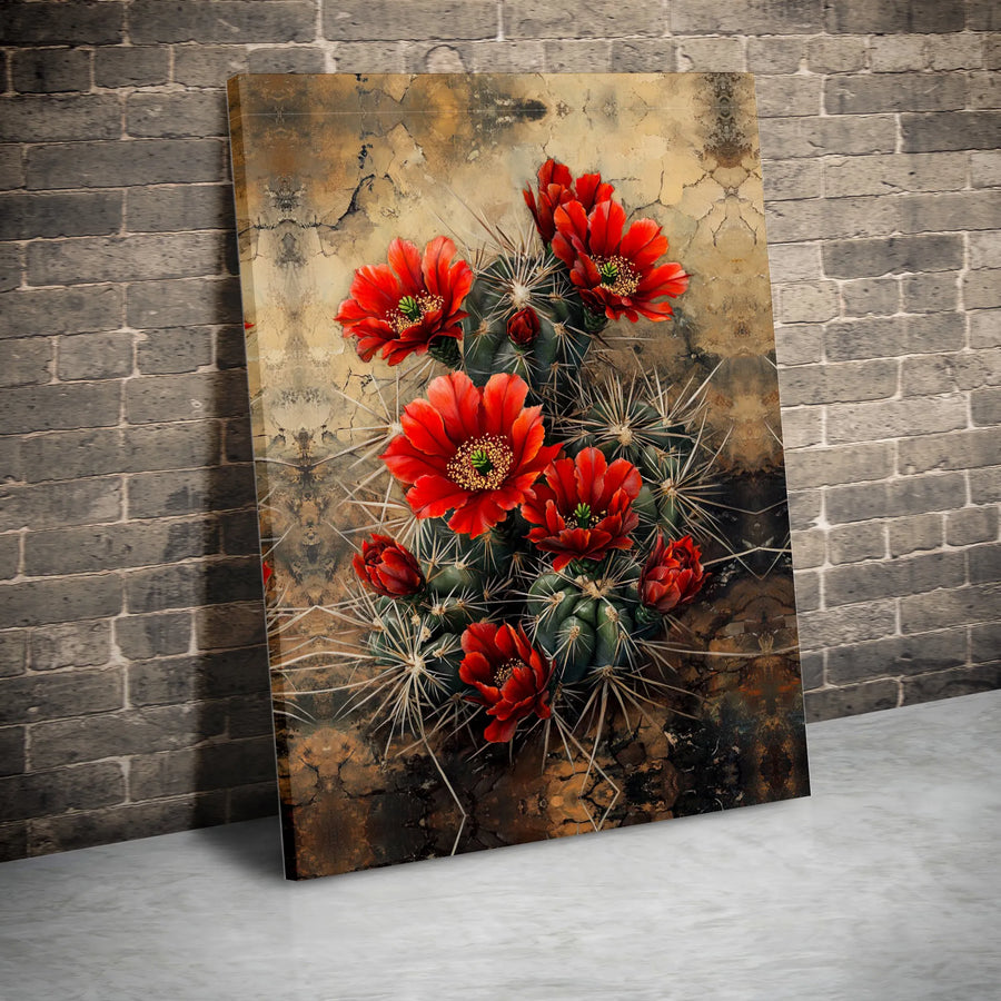 Blooming Cactus Wall Art | Vibrant Red Desert Flower Painting | Premium Gallery-Wrapped Canvas | Botanical Home Decor for Living Room
