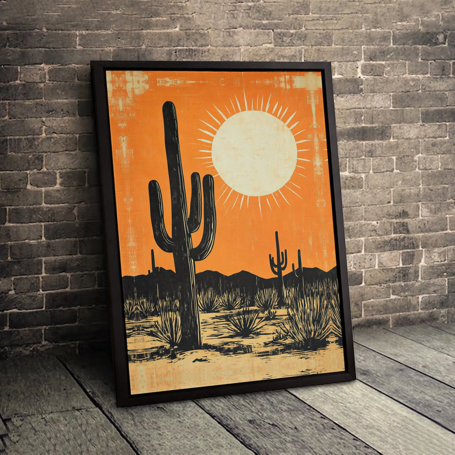 Desert Saguaro Cactus Canvas Wall Art | Mid Century Modern Sun Landscape | Premium Fade-Resistant Print | Southwestern Home Decor Gift