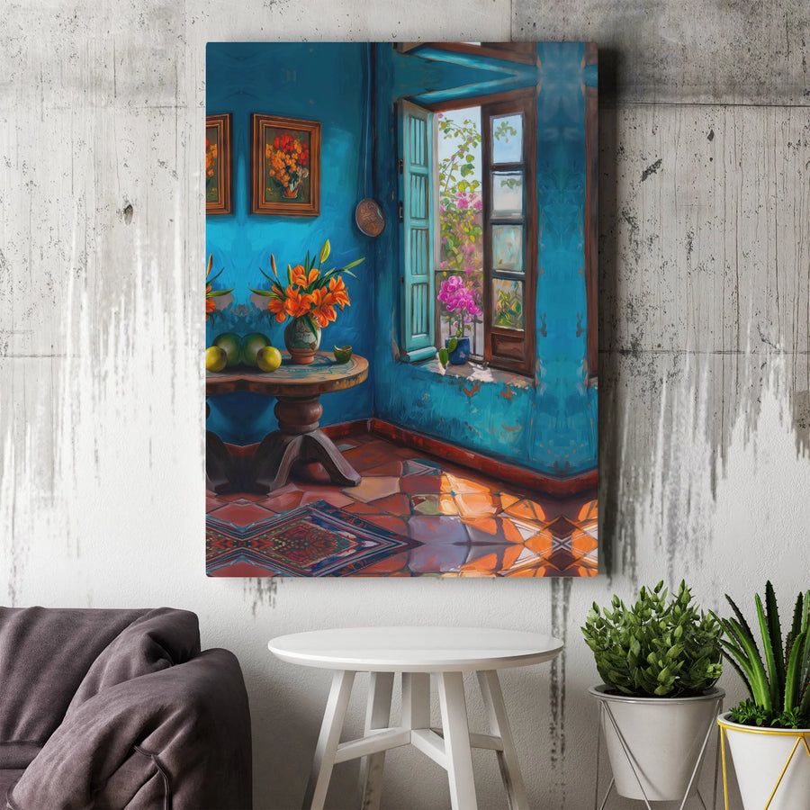Mediterranean Wall Art Canvas | Rustic Blue Interior With Open Window View | Premium Gallery Wrap Print | Coastal Home Decor Gift