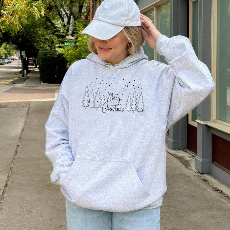 Merry Christmas Hoodie | Minimalist Pine Tree Snow Graphic | Soft Cotton Blend Unisex Pullover | Festive Holiday Gift For Her & Him