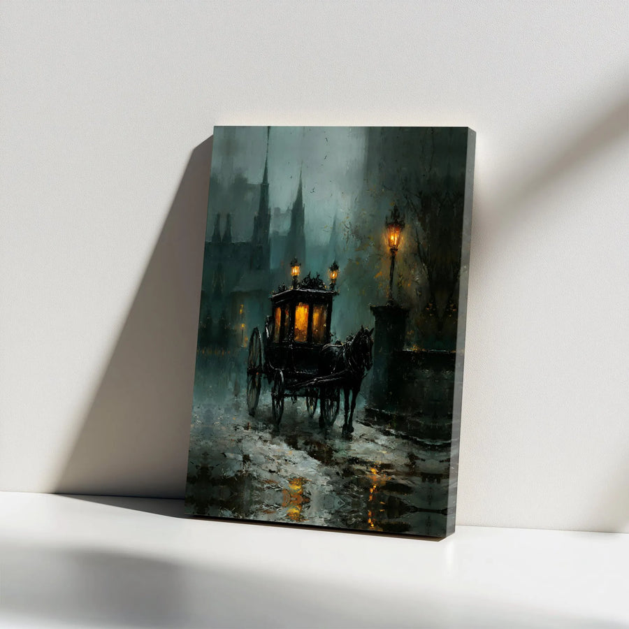 Gothic Horse and Carriage Canvas Print | Moody Victorian Rainy Street Art | Premium Fade-Resistant Print | Dark Academia Home Decor Gift