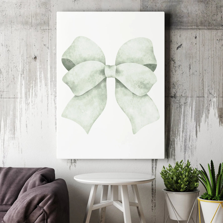 Sage Green Bow Canvas Wall Art | Watercolor Ribbon Aesthetic Decor | Premium Gallery Wrap Print | Minimalist Nursery and Home Gift