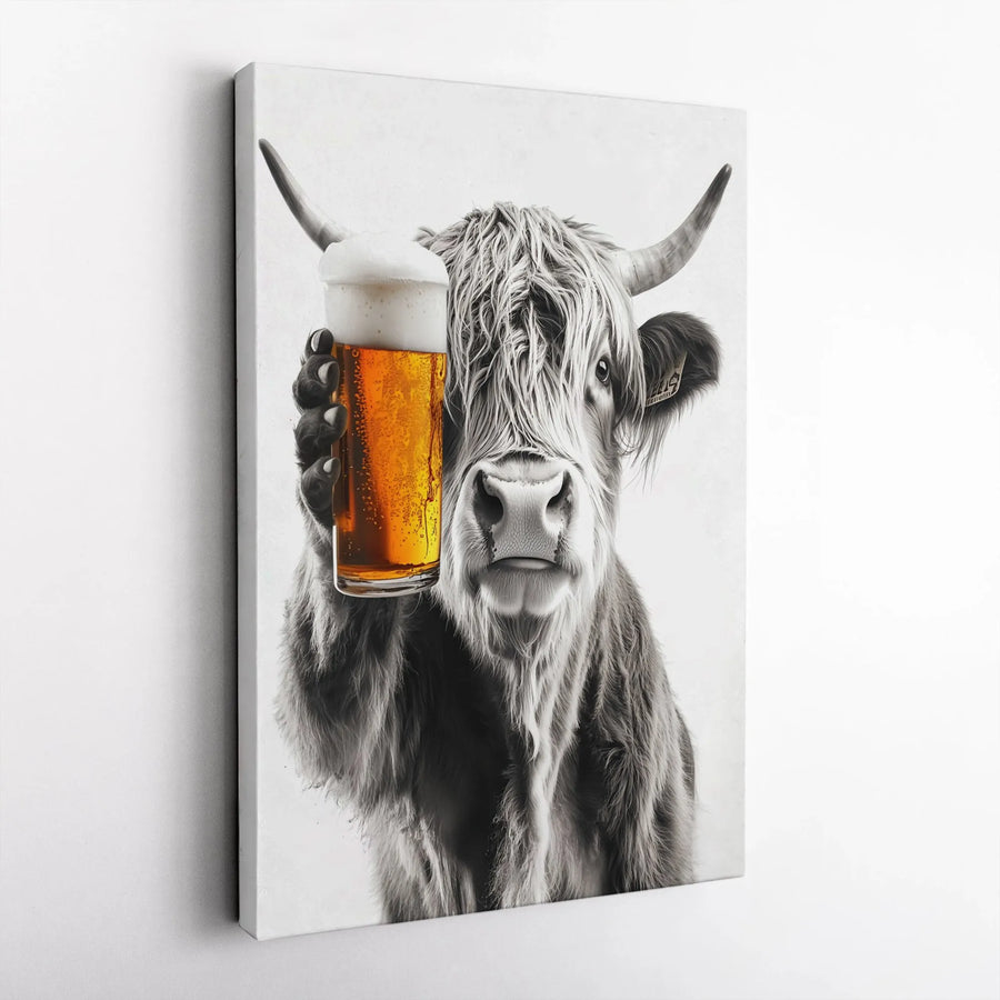 Highland Cow Wall Art | Funny Beer Toasting Portrait | Premium Gallery-Wrapped Canvas | Man Cave Home Decor Gift for Beer Lovers