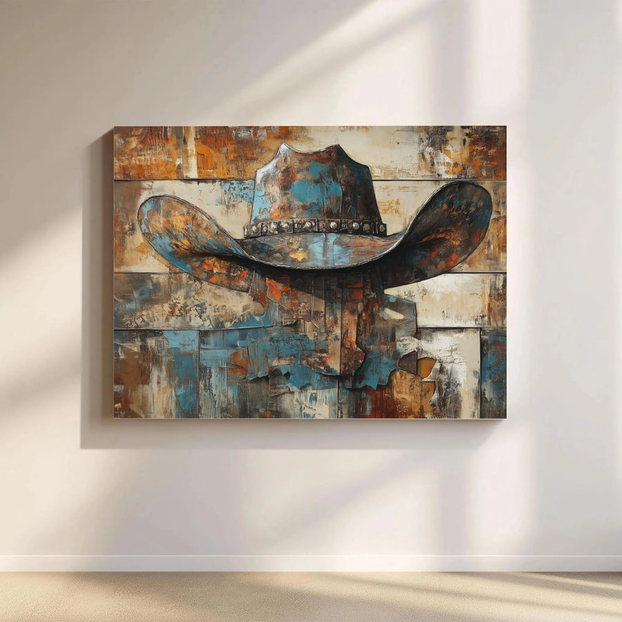 Rustic Cowboy Hat Canvas Wall Art | Textured Abstract Western Painting | Premium Gallery Quality Print | Modern Farmhouse Living Room Decor Gift
