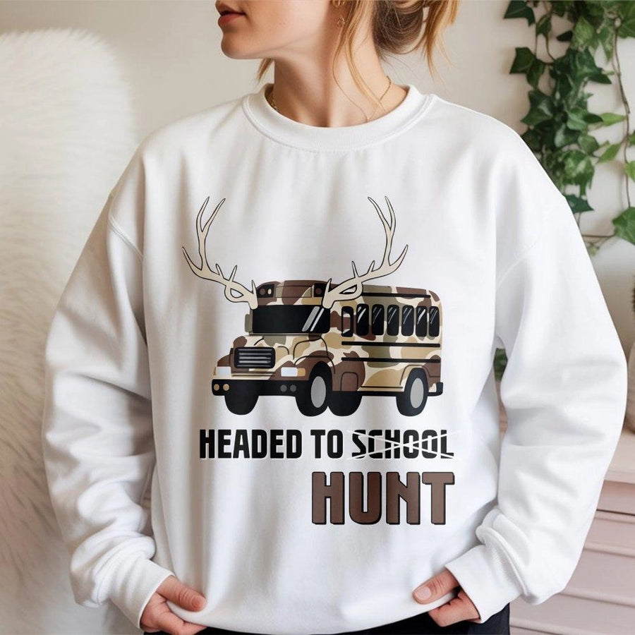 Headed To School Hunt Sweatshirt | Camo School Bus Deer Antlers Graphic | Premium Cotton Blend | Gift For Hunter Country Boys & Teens