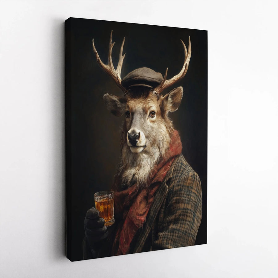 Dapper Deer Canvas Wall Art | Anthropomorphic Stag in Flat Cap & Tweed | Premium Gallery Wrapped Decor | Unique Whiskey Bar Gift for Him