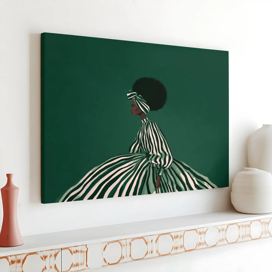 Black Woman Canvas Wall Art | Modern Afro Portrait in Striped Gown | Premium Gallery Wrap | Afrocentric Living Room Decor Gift