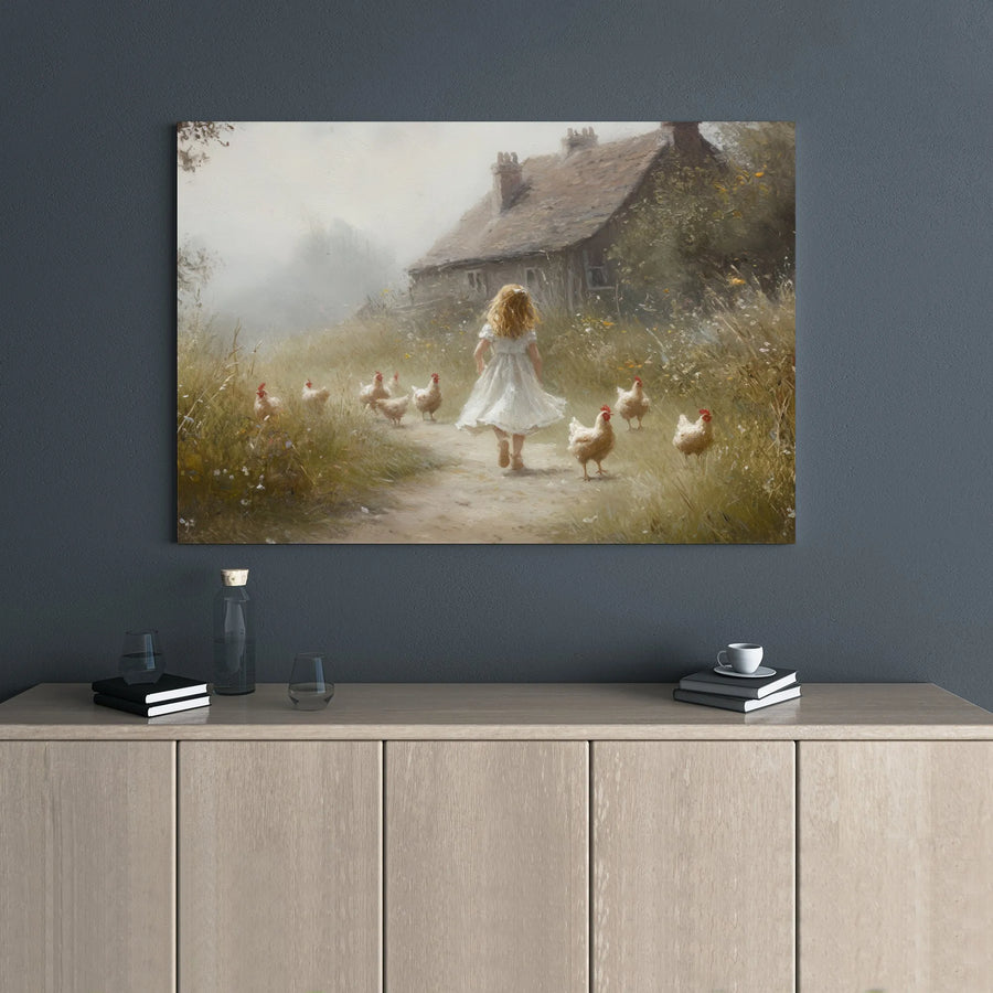 Girl With Chickens Canvas Wall Art | Rustic Farmhouse Cottage Painting | 1.25” Gallery Wrap Premium Print | Countryside Home Decor Gift