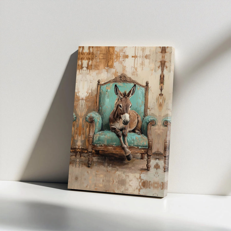 Donkey Wall Art Canvas | Whimsical Farm Animal in Teal Chair | Premium Gallery Wrapped Decor | Unique Living Room Wall Decor