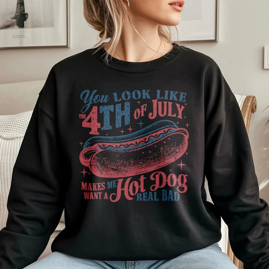 4th of July Sweatshirt | Funny Hot Dog Lover Graphic | Premium Cotton Blend Crewneck | Independence Day Party Outfit Gift for Him or Her