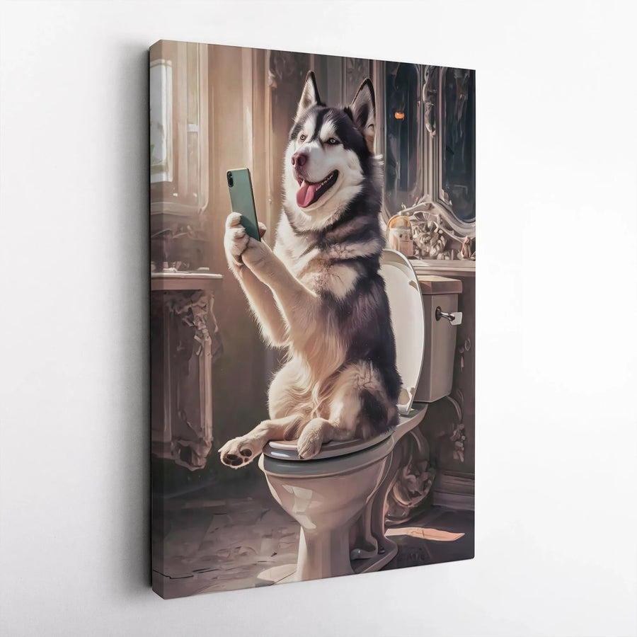 Siberian Husky Toilet Selfie Canvas Print | Funny Dog Bathroom Wall Art | Premium Gallery Wrapped Decor | Unique Pet Lover Gift