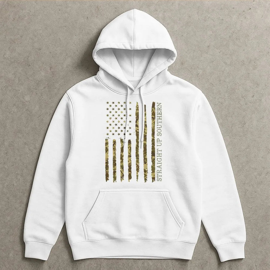 Camo American Flag Hoodie | Patriotic Southern Style Graphic | Premium Cotton Blend | Gift for Outdoorsmen and Veterans