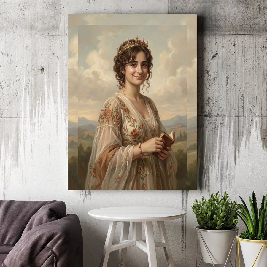 Vintage Princess Portrait Vertical Canvas | Classical Renaissance Oil Painting Style Art Print | Premium 1.25" Thick Gallery Wrap | Dark Academia Regal Home Decor Gift