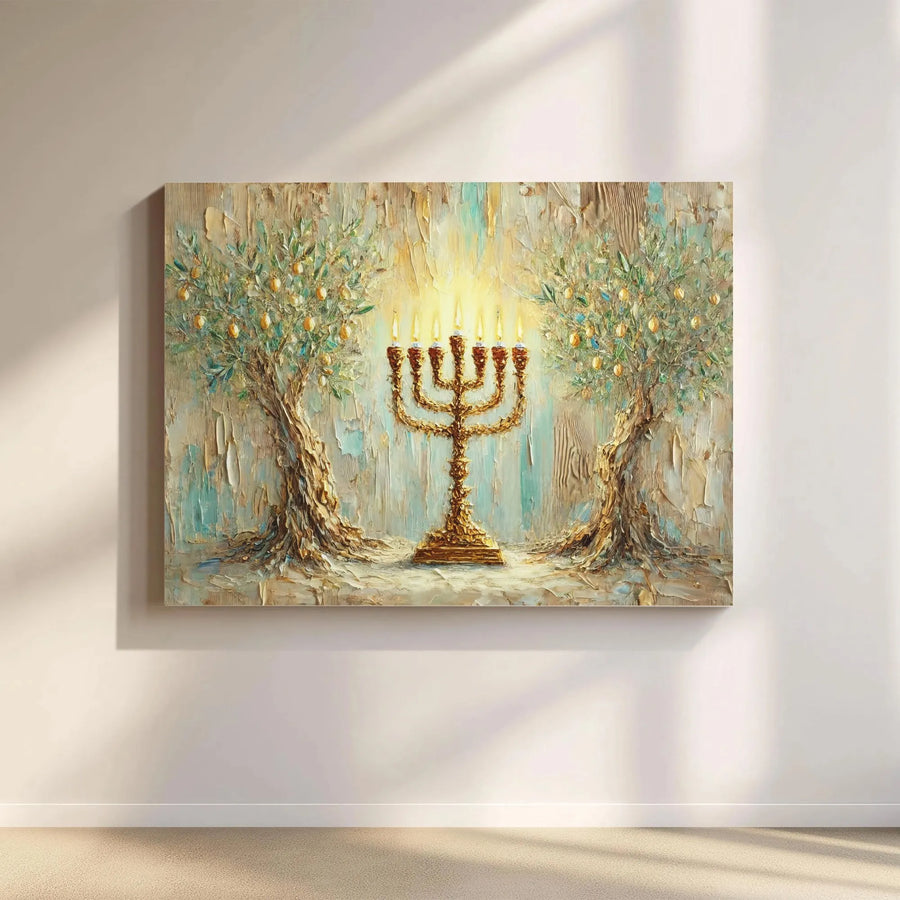 Menorah Canvas Wall Art | Olive Tree Oil Painting Style Print | Premium Gallery Wrap Decor | Jewish Home Gift & Hanukkah Wall Decor