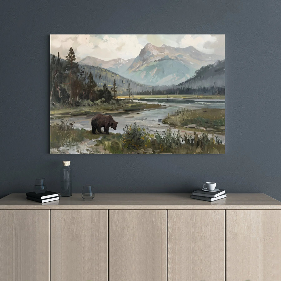 Grizzly Bear Landscape Canvas Print | Mountain River Forest Wall Art | 1.25” Gallery Wrap | Premium Nature Decor for Cabin or Home Office