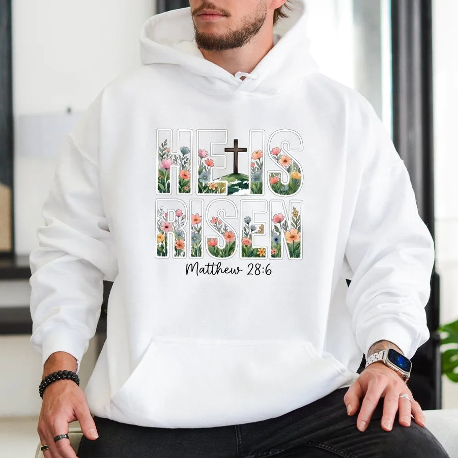 He Is Risen Hoodie | Floral Cross Graphic with Bible Verse | Soft Cotton Blend Pullover | Christian Easter Gift for Women
