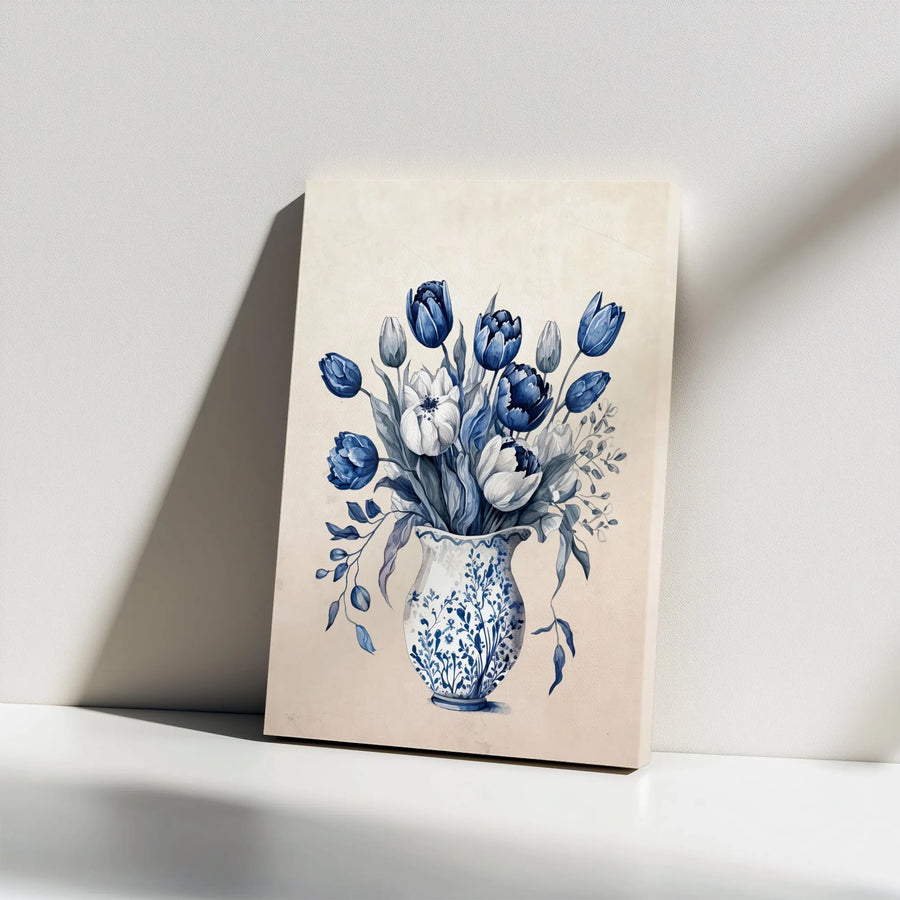 Blue Tulip Vase Canvas Wall Art | Chinoiserie Botanical Illustration | Premium Fade-Resistant Print | Grandmillennial Home Decor Gift