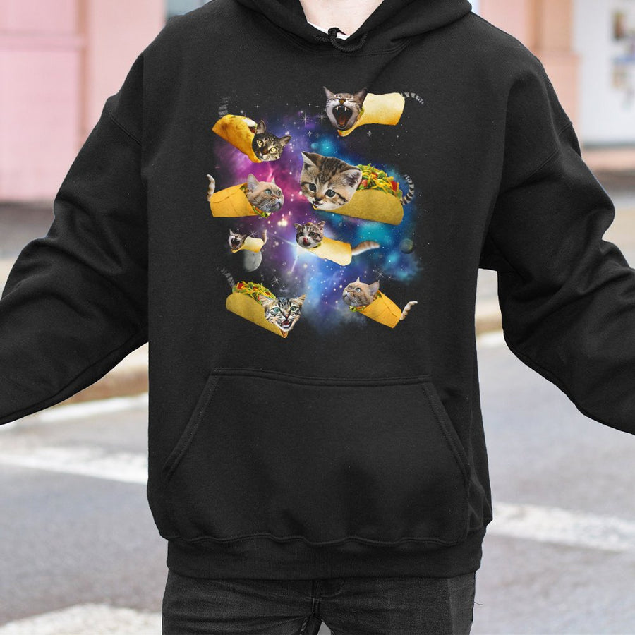Space Cat Taco Hoodie | Funny Outer Space Graphic Sweatshirt | Premium Cotton Blend | Quirky Gift for Cat Lovers & Foodies