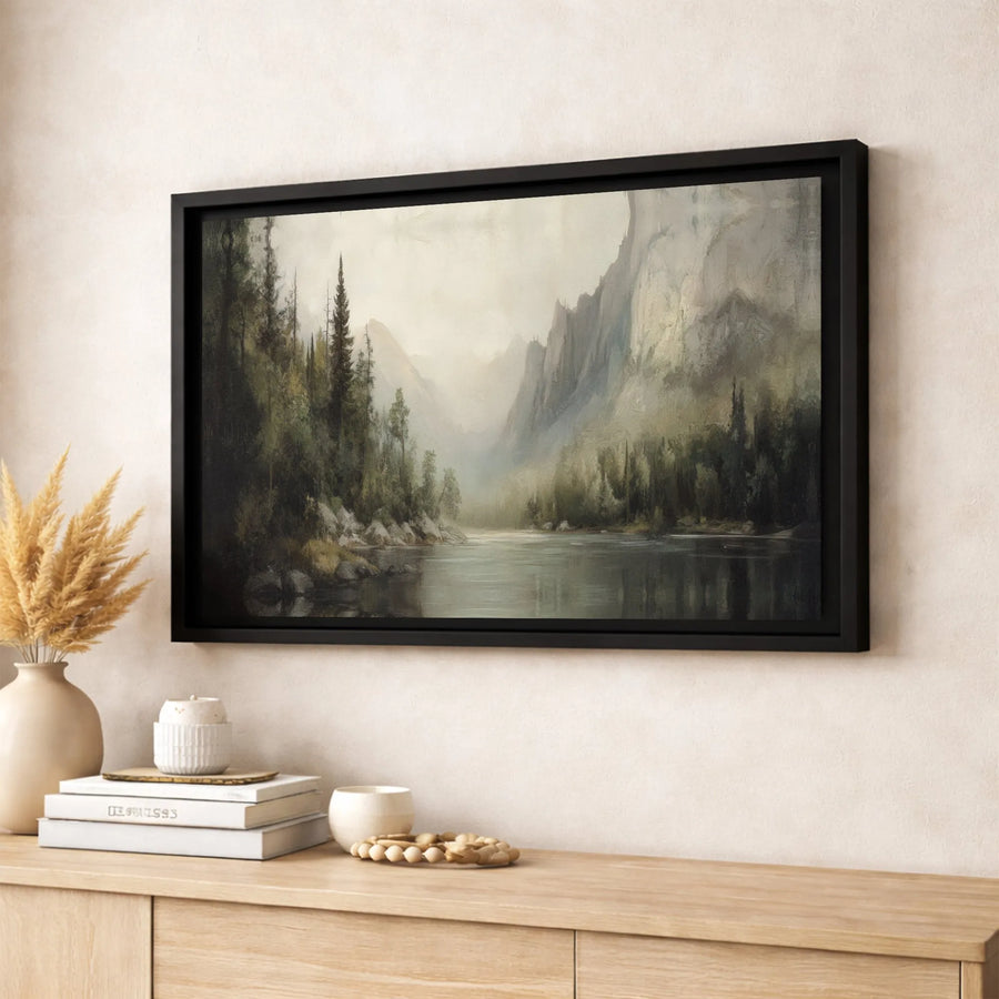 Misty Mountain River Landscape Canvas | Moody Forest Wall Art | Premium 1.25-Inch Gallery Wrap | Serene Nature Decor For Home Or Office